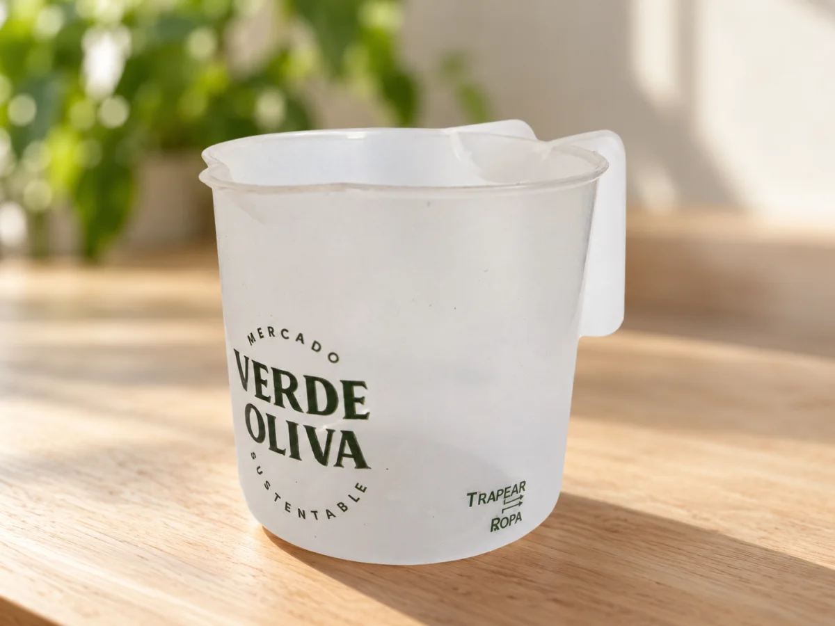 Jarrita medidora Verde Oliva con las marcas Trapear y Ropa sobre una cubierta de madera